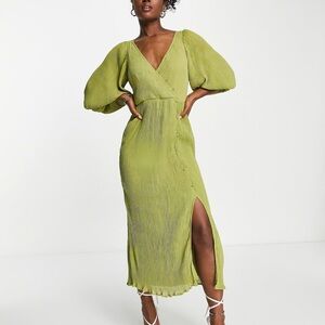 ASOS Ballon Sleeve Pleated Olive Dress Size:M